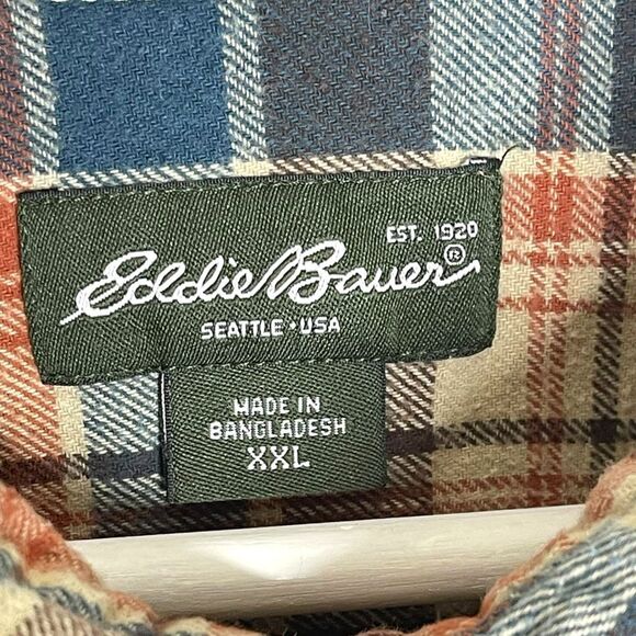 Eddie Bauer Flannel Shirt Tan Button Front Pocket Plaid Hiking Outdoor Men’s XXL - Picture 7 of 10